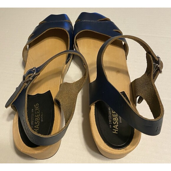 Swedish Hasbeens Peep Toe Clogs Sandals Women's Sz 39 Leather 8.5/9 Navy Blue - Picture 3 of 16